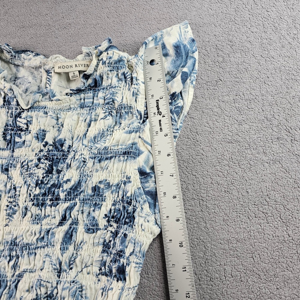 Moon River Maxi Dress Women's S Blue White Smocked Linen Blend Flutter Sleeve - Picture 6 of 12